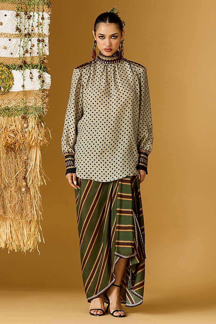 Olive Green Modal Satin Striped Draped Skirt by Rajdeep Ranawat at Pernia's Pop Up Shop