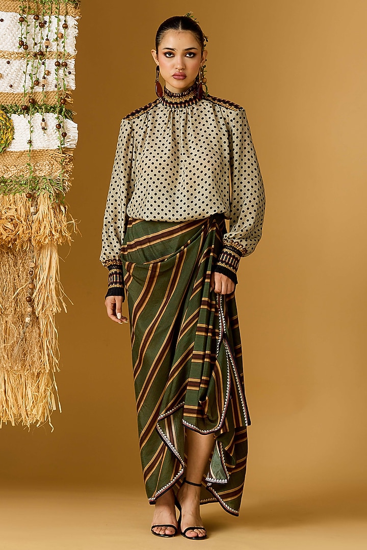 Olive Green Modal Satin Striped Draped Skirt by Rajdeep Ranawat at Pernia's Pop Up Shop