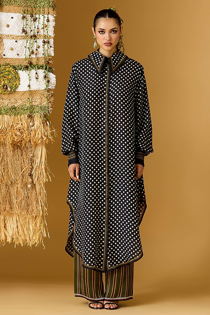 Black Silk Polka Dot Printed Shirt by Rajdeep Ranawat at Pernia's Pop Up Shop
