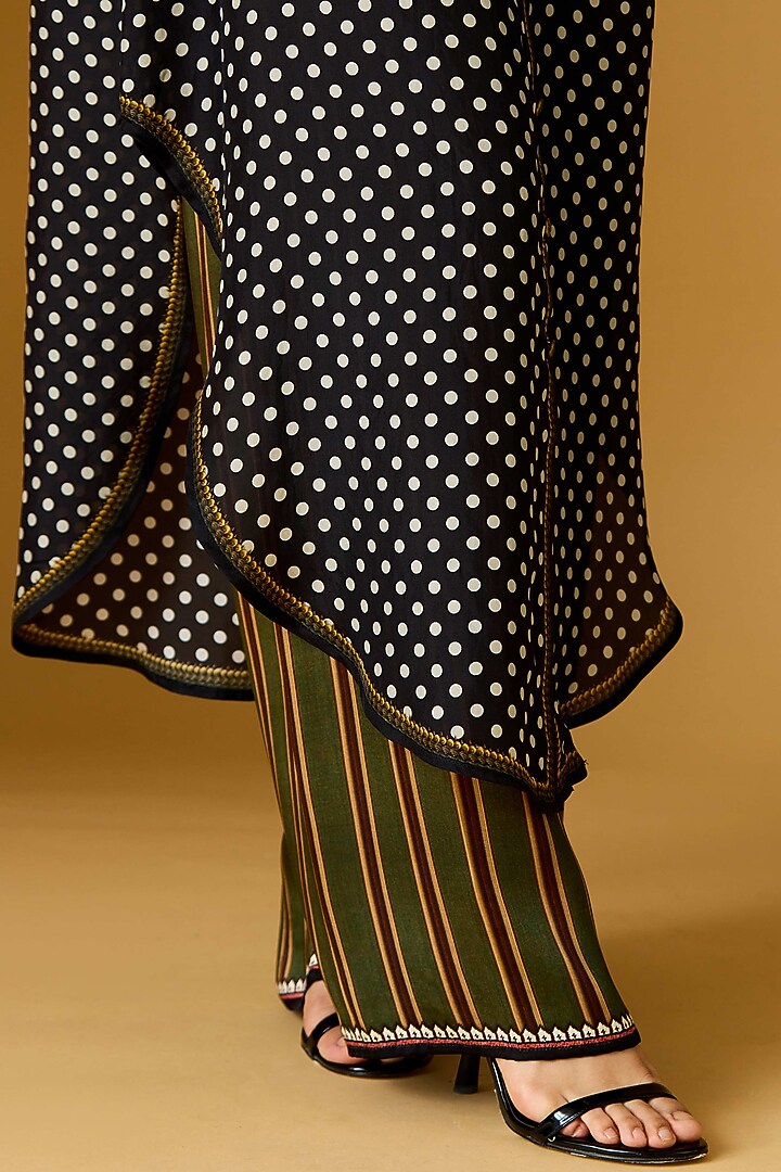 Olive Green Modal Satin Striped Palazzo by Rajdeep Ranawat at Pernia's Pop Up Shop