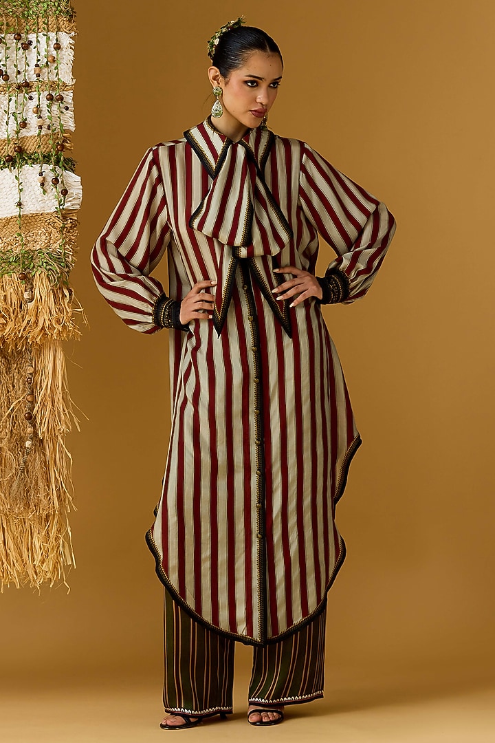 Olive Green Modal Satin Striped Palazzo by Rajdeep Ranawat at Pernia's Pop Up Shop