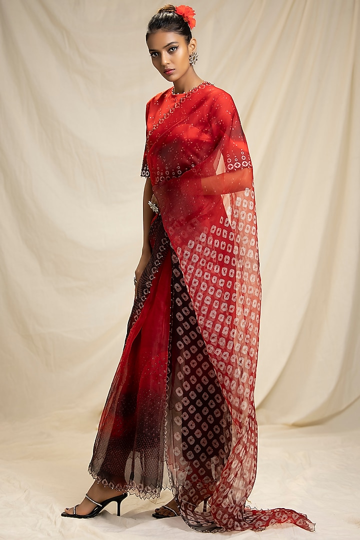 Red Silk Organza Embroidered & Printed Saree Set by Rajdeep Ranawat