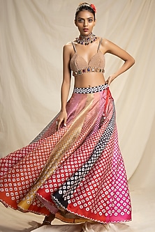 Red Printed Skirt Set With Belt by Rajdeep Ranawat-BRALETTE BLOUSES