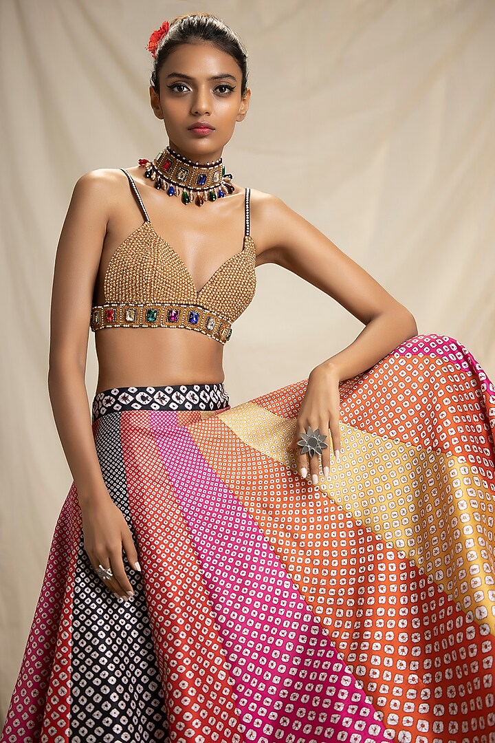 Red Printed Skirt Set With Belt by Rajdeep Ranawat at Pernia's Pop Up Shop