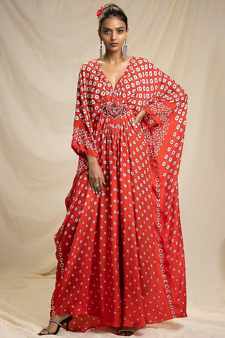 Red Kaftan With Jewelled Belt by Rajdeep Ranawat at Pernia's Pop Up Shop