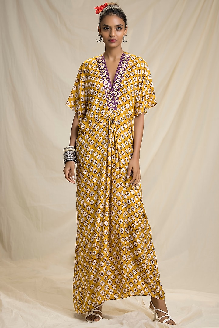 Mustard Embroidered Kaftan Dress by Rajdeep Ranawat