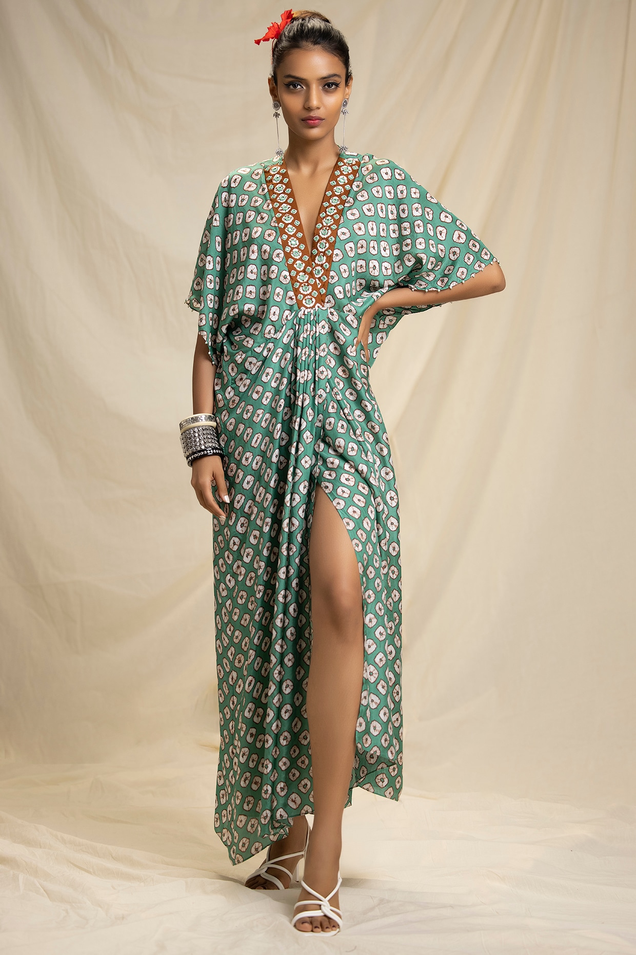 green caftan dress