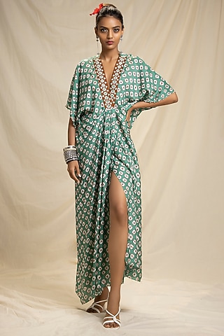 Jade Green Embroidered Kaftan Dress by Rajdeep Ranawat