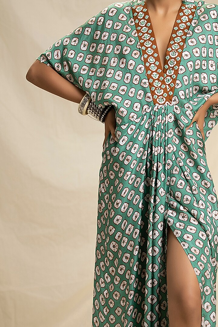 Jade Green Embroidered Kaftan Vacation Dress by Rajdeep Ranawat at Pernia's Pop Up Shop