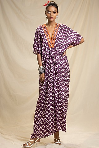 Plum Embroidered Kaftan Dress by Rajdeep Ranawat