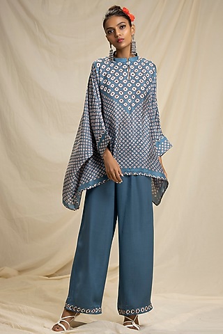 Slate Blue Band Collar Tunic With Pants by Rajdeep Ranawat