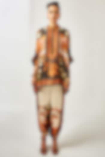 Black & Orange Silk Printed Dhoti Pants by Rajdeep Ranawat