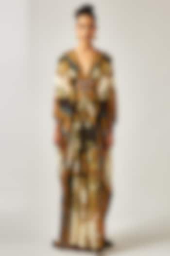 Black & Gold Silk Printed Kaftan by Rajdeep Ranawat at Pernia's Pop Up Shop