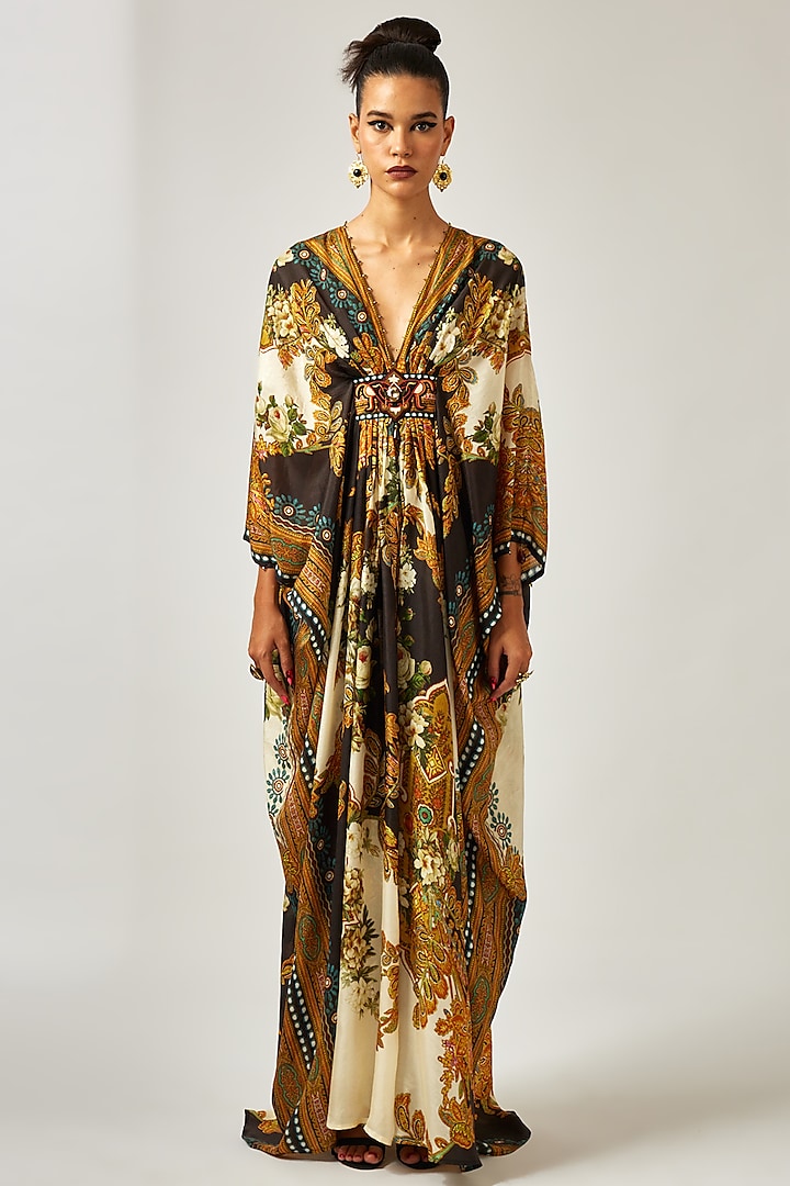 Black & Gold Silk Printed Kaftan by Rajdeep Ranawat at Pernia's Pop Up Shop
