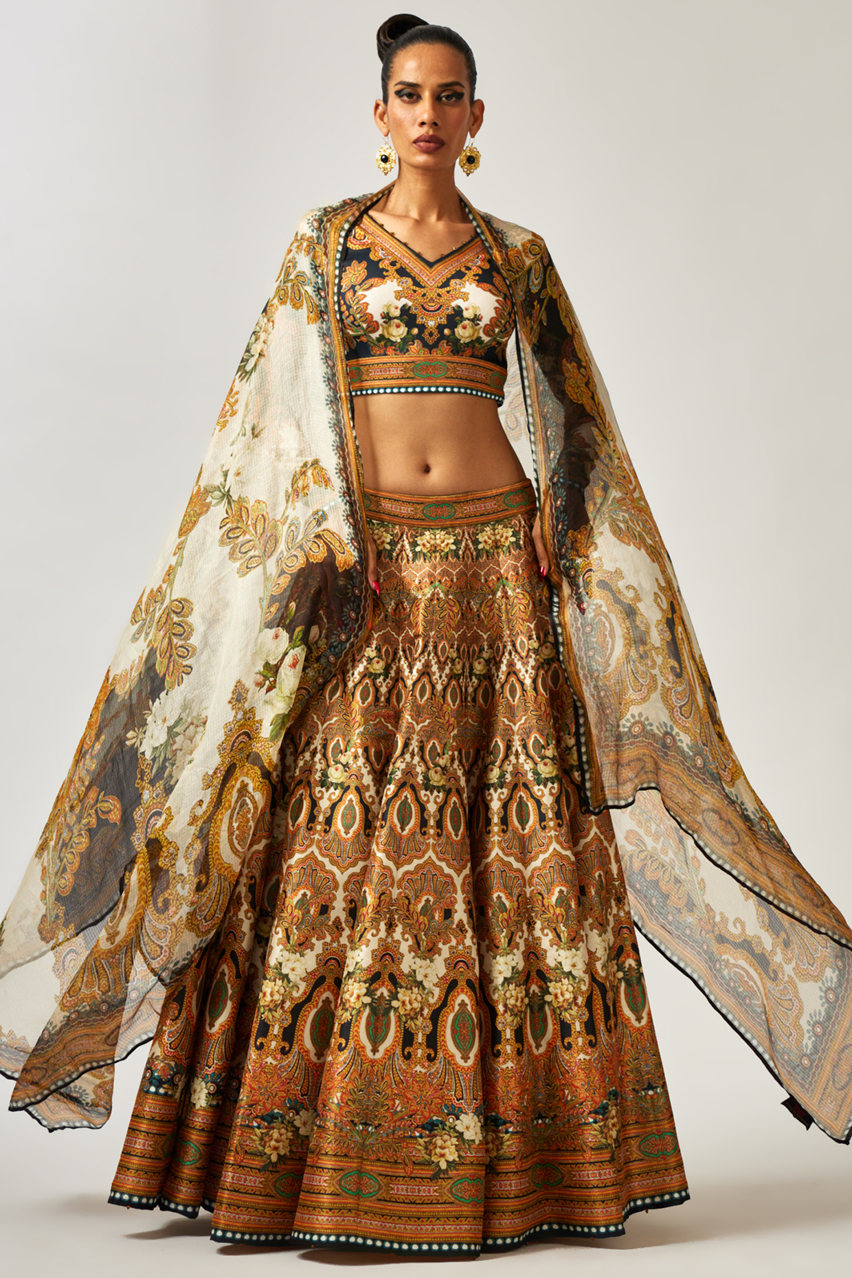 Black & Gold Dupion Printed Wedding Lehenga Set by Rajdeep Ranawat at Pernia's Pop Up Shop