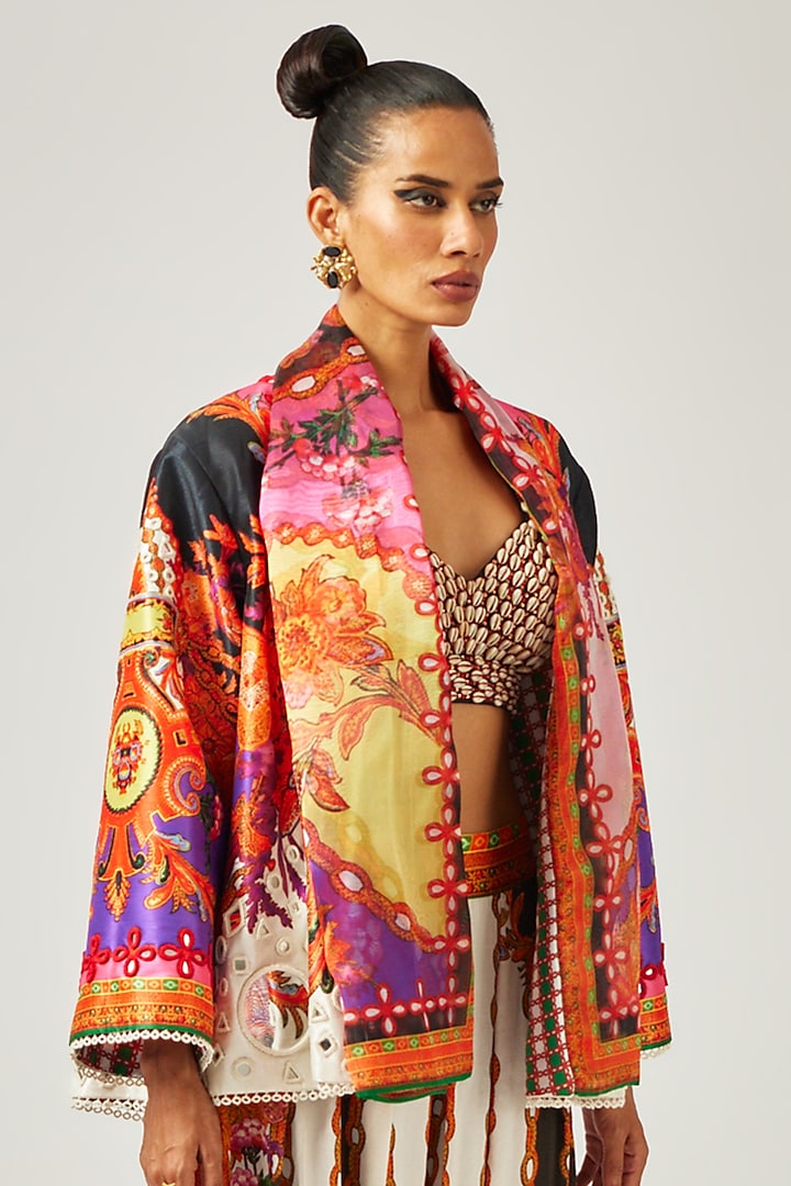 Multi-Colored Dupion & Organza Printed Jacket by Rajdeep Ranawat at Pernia's Pop Up Shop