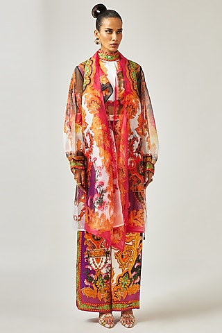 Multi-Colored Silk Printed & Embroidered Crop Blouse by Rajdeep Ranawat