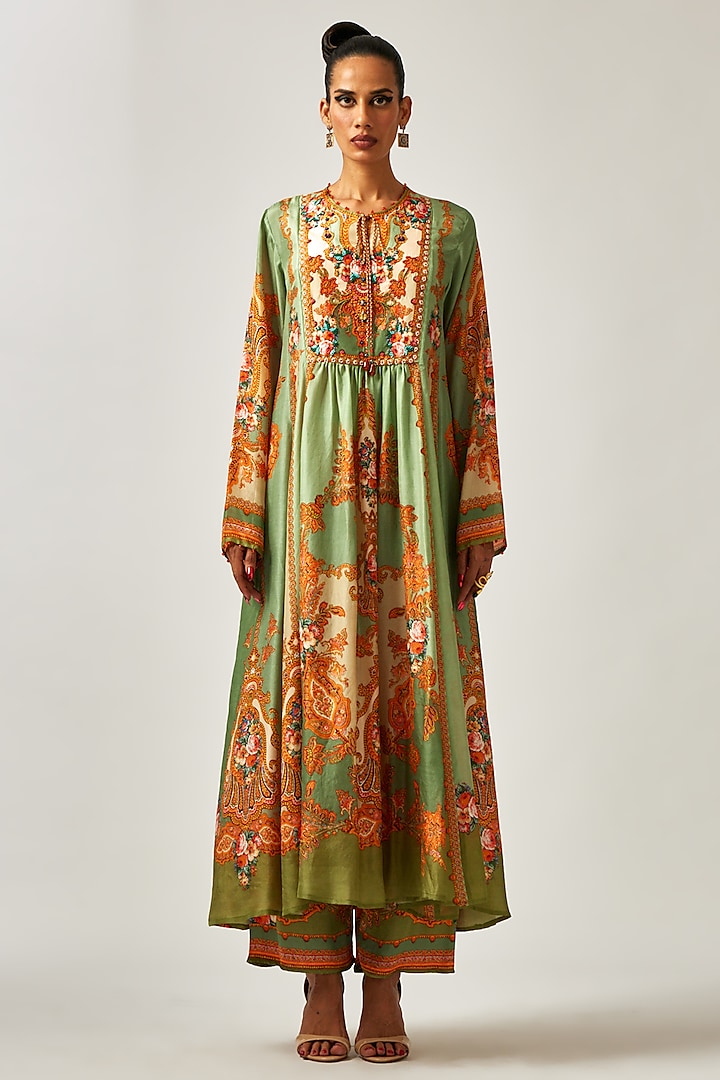 Sage Green Silk Printed Wedding Anarkali by Rajdeep Ranawat at Pernia's Pop Up Shop