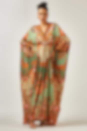 Sage Green Silk Printed Kaftan by Rajdeep Ranawat at Pernia's Pop Up Shop