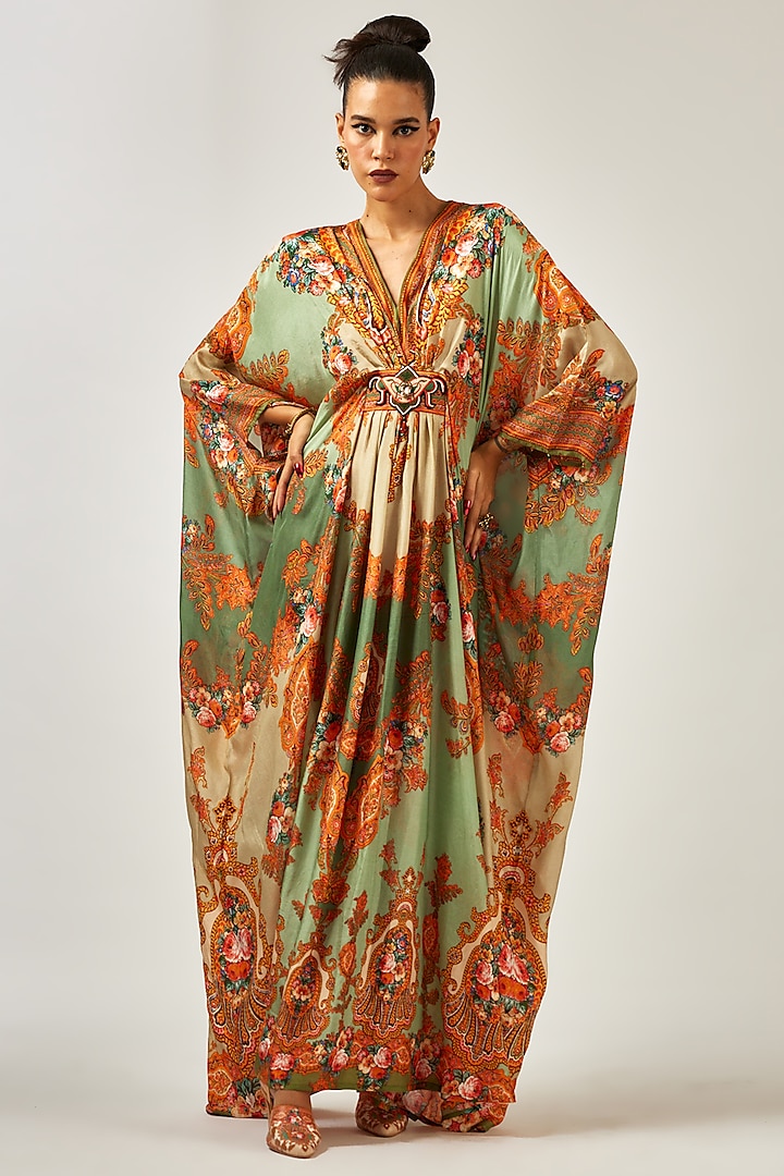 Sage Green Silk Printed Kaftan by Rajdeep Ranawat at Pernia's Pop Up Shop