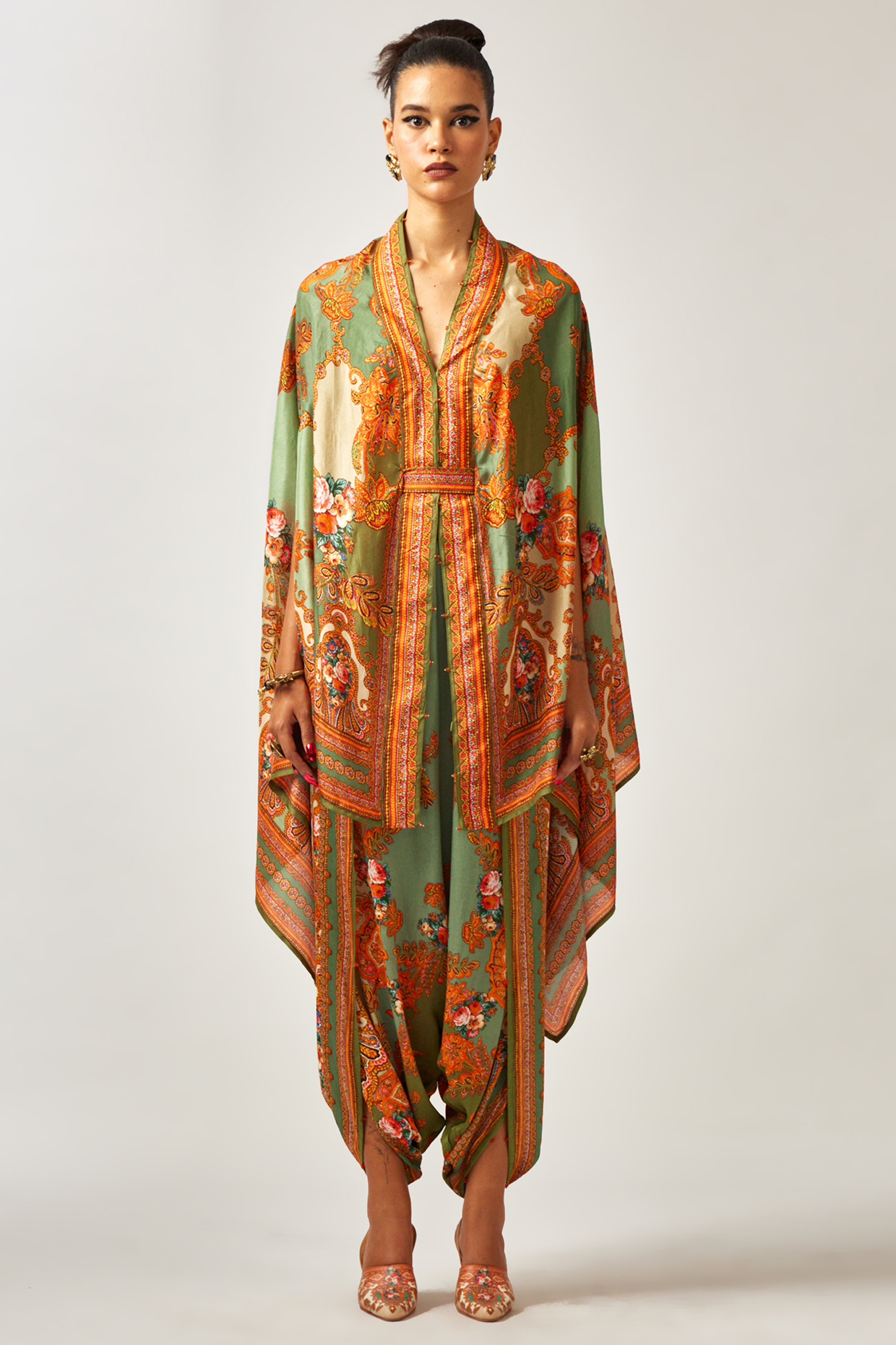 Sage Green Silk Printed Front Open Cape by Rajdeep Ranawat at Pernia's Pop Up Shop