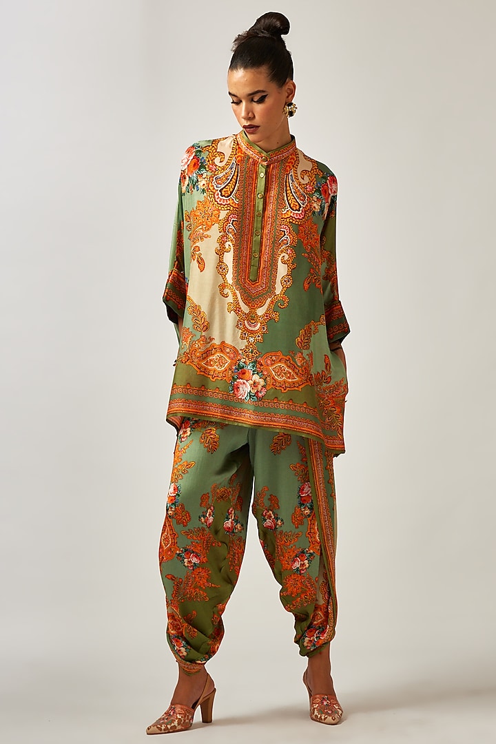 Sage Green Silk Printed Tunic by Rajdeep Ranawat