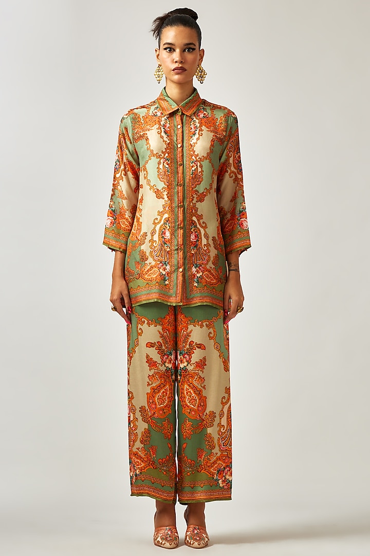 Sage Green Silk Printed Shirt by Rajdeep Ranawat at Pernia's Pop Up Shop