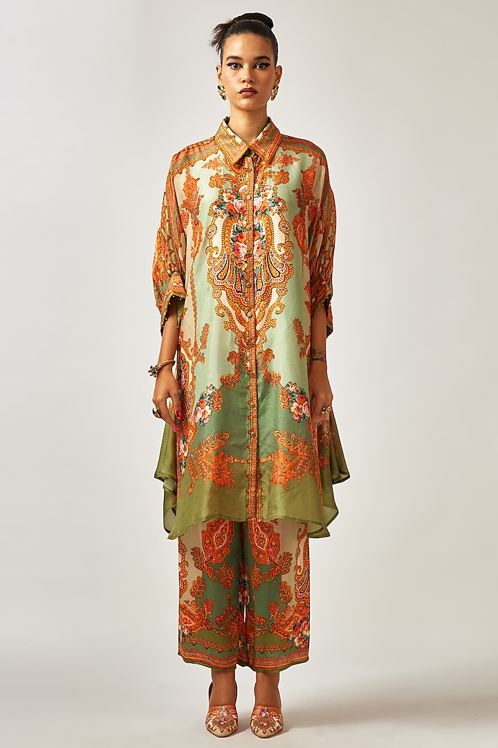 Sage Green Silk Printed Gathered Shirt by Rajdeep Ranawat at Pernia's Pop Up Shop