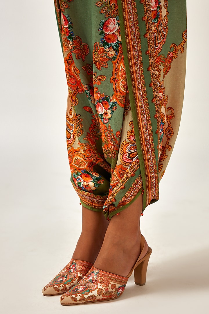 Sage Green Silk Printed Dhoti Pants by Rajdeep Ranawat