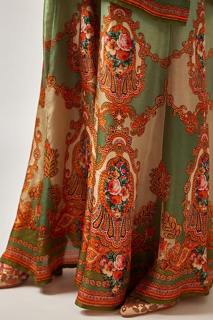 Beige & Orange Silk Printed Bell-Bottom Pants by Rajdeep Ranawat