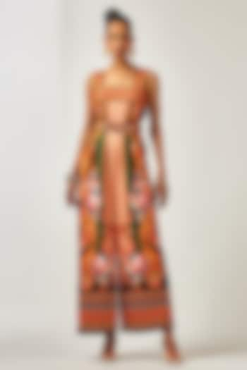 Beige & Orange Scuba Printed Strappy Jumpsuit by Rajdeep Ranawat at Pernia's Pop Up Shop