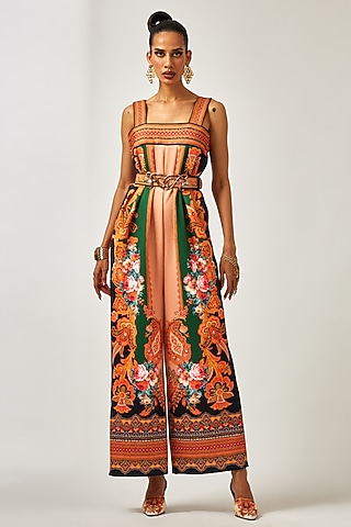 Beige & Orange Scuba Printed Strappy Jumpsuit by Rajdeep Ranawat