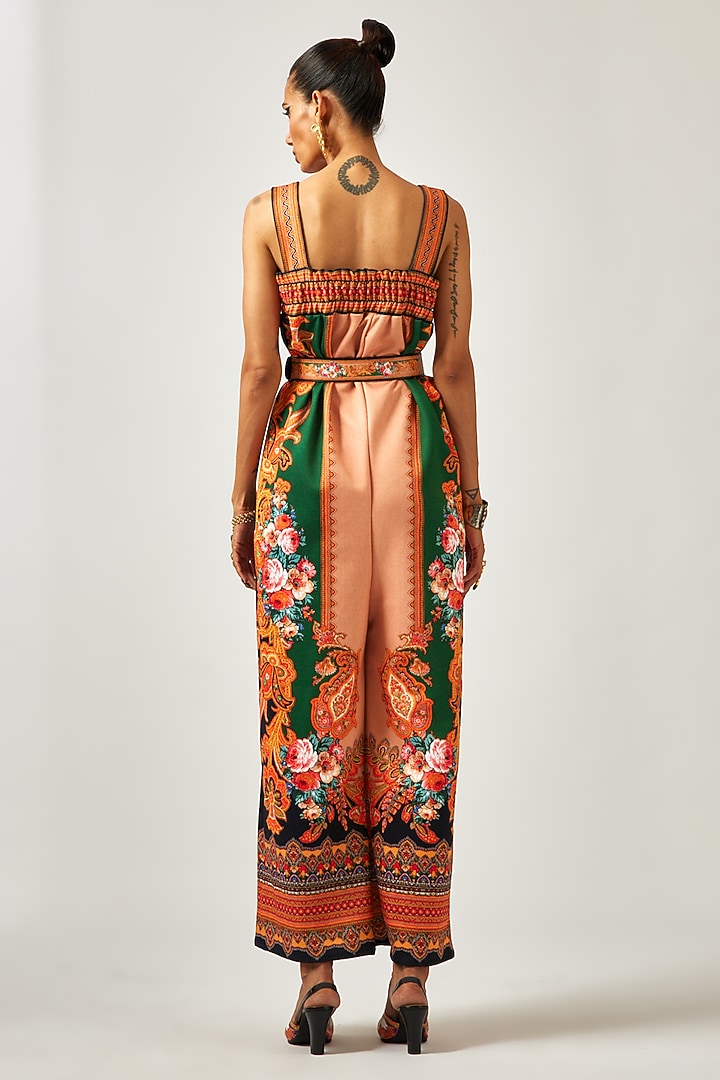 Beige & Orange Scuba Printed Strappy Jumpsuit by Rajdeep Ranawat at Pernia's Pop Up Shop