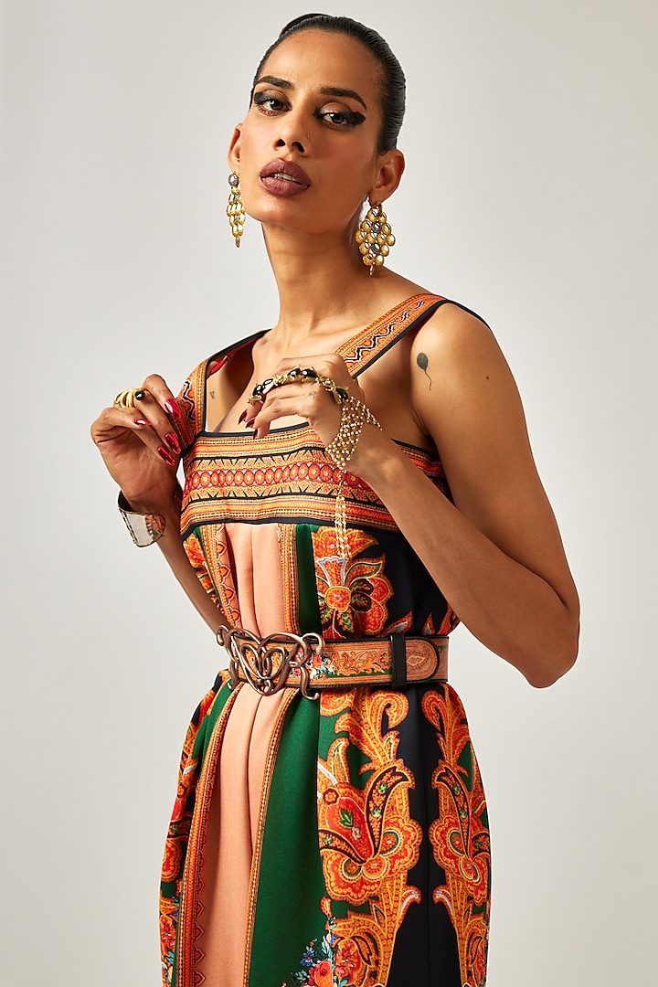Beige & Orange Scuba Printed Strappy Jumpsuit by Rajdeep Ranawat at Pernia's Pop Up Shop