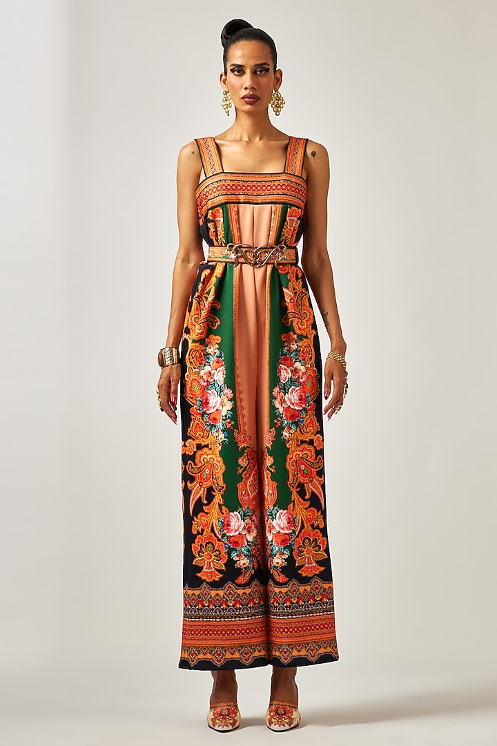 Beige & Orange Scuba Printed Strappy Jumpsuit by Rajdeep Ranawat at Pernia's Pop Up Shop