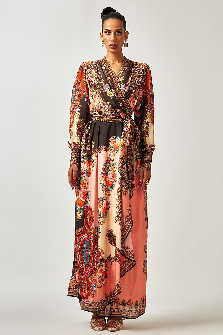 Black & Orange Silk Printed Wrap Dress by Rajdeep Ranawat at Pernia's Pop Up Shop