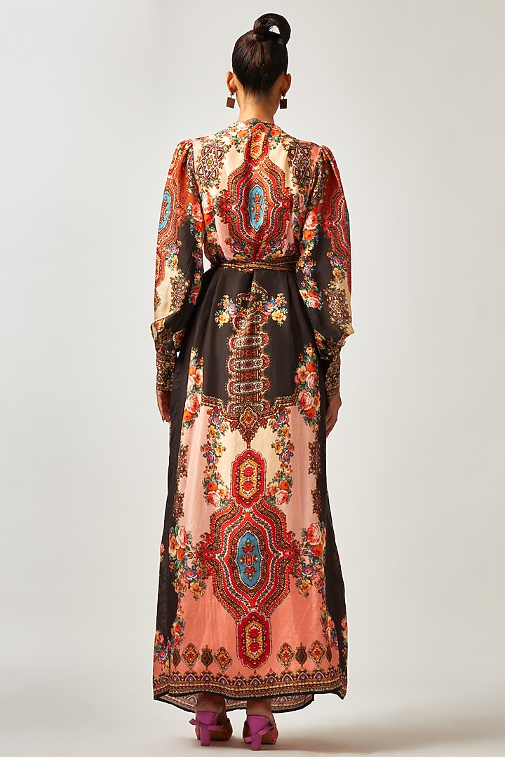 Black & Orange Silk Printed Wrap Vacation Dress by Rajdeep Ranawat at Pernia's Pop Up Shop