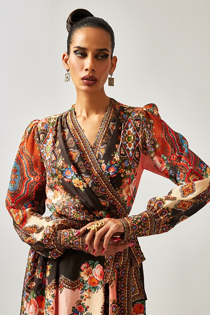 Black & Orange Silk Printed Wrap Vacation Dress by Rajdeep Ranawat at Pernia's Pop Up Shop