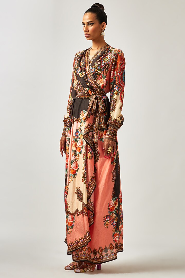 Black & Orange Silk Printed Wrap Vacation Dress by Rajdeep Ranawat at Pernia's Pop Up Shop
