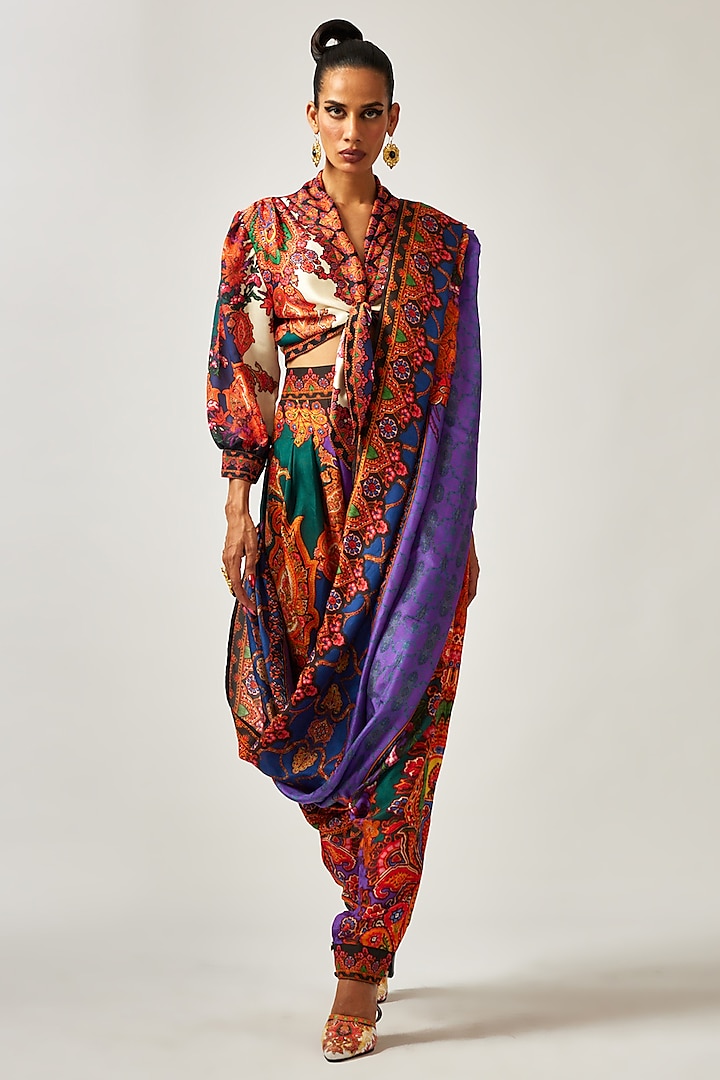 Purple Silk Printed Pant Saree Set by Rajdeep Ranawat at Pernia's Pop Up Shop