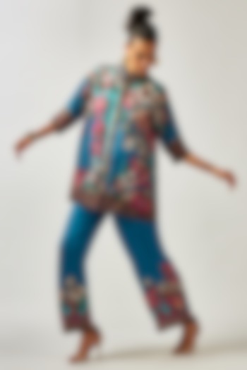 Blue Silk Printed Crop Shirt Top by Rajdeep Ranawat at Pernia's Pop Up Shop