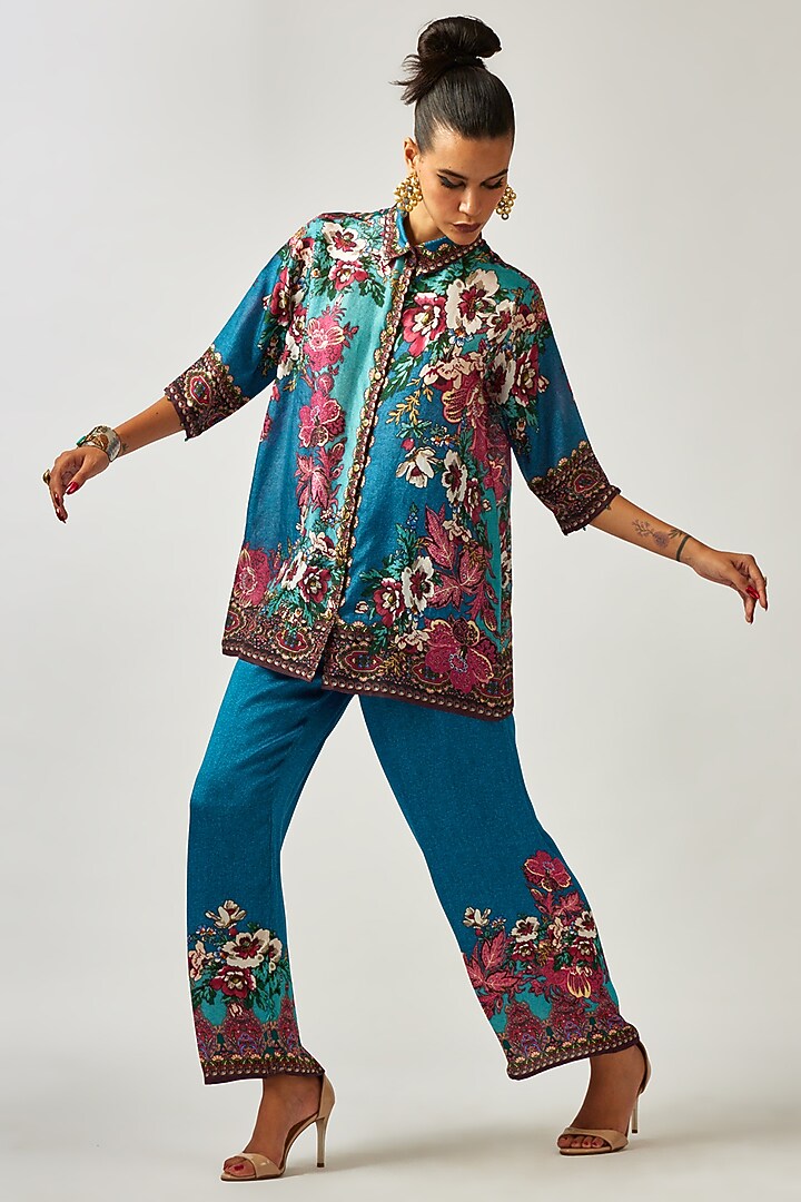 Blue Silk Printed Crop Shirt Top by Rajdeep Ranawat at Pernia's Pop Up Shop