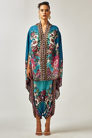 Blue Silk Printed Dhoti Pants by Rajdeep Ranawat