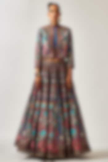 Blue Dupion Printed Skirt Set by Rajdeep Ranawat at Pernia's Pop Up Shop