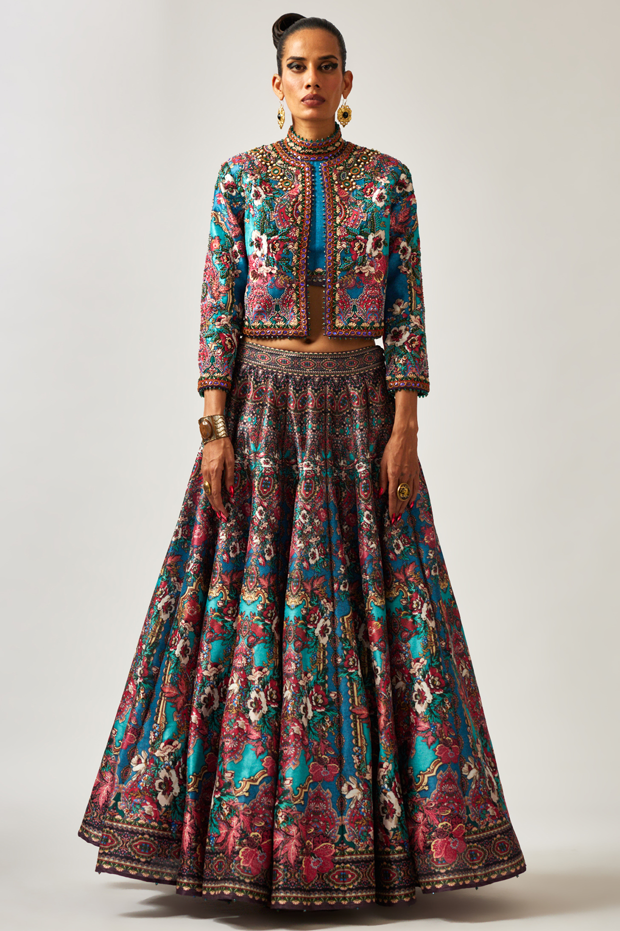 Blue Dupion Printed Skirt Set by Rajdeep Ranawat at Pernia's Pop Up Shop