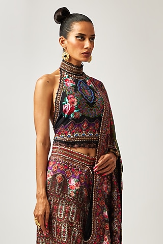 Black & Gold Silk Printed Halter Top by Rajdeep Ranawat