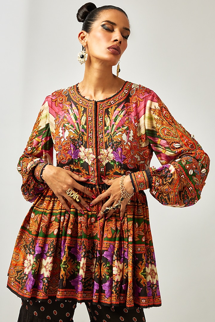 Multi-Colored Silk Printed & Embroidered Tunic by Rajdeep Ranawat at Pernia's Pop Up Shop