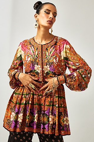 Multi-Colored Silk Printed & Embroidered Tunic by Rajdeep Ranawat