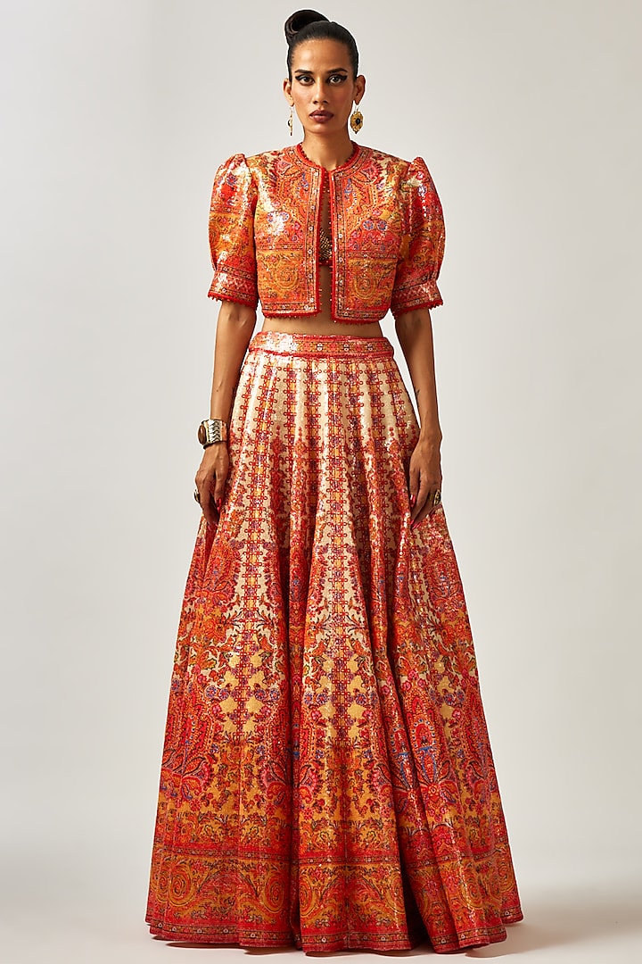 Beige & Orange Dupion Printed Skirt Set by Rajdeep Ranawat at Pernia's Pop Up Shop