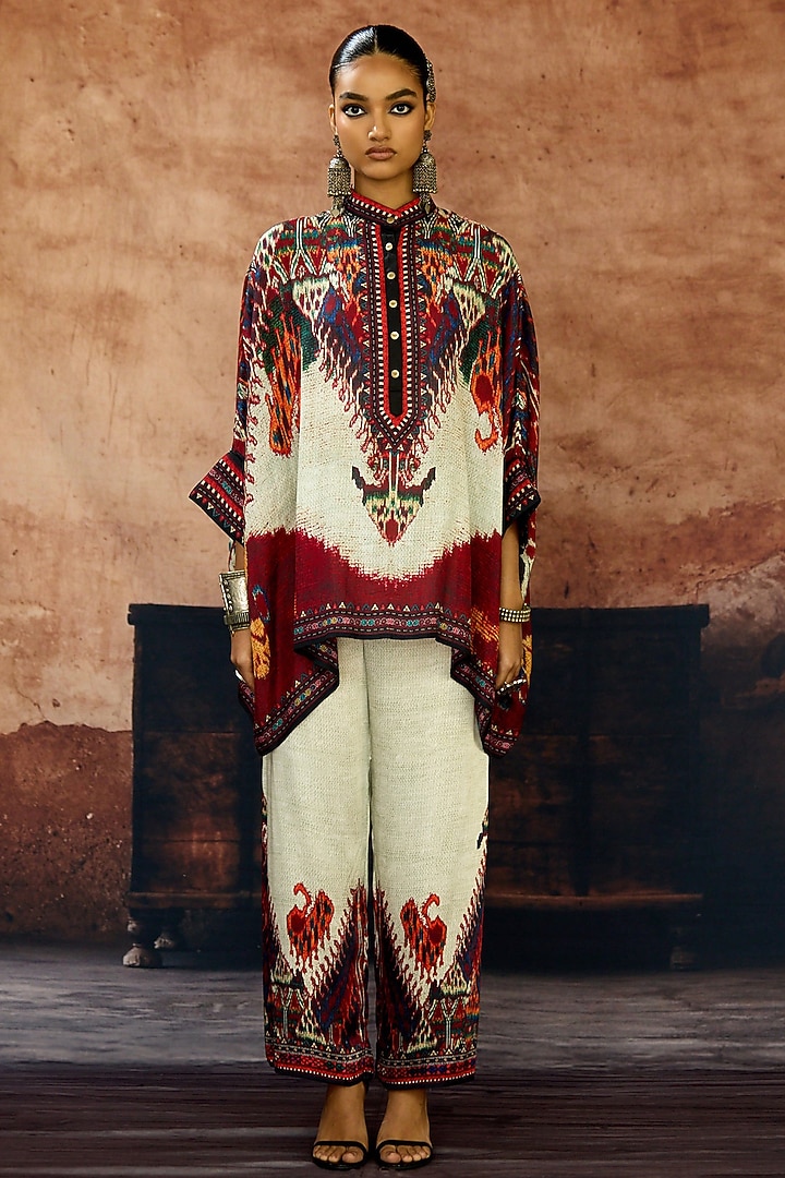Beige & Maroon Silk Printed Tunic Set by Rajdeep Ranawat at Pernia's Pop Up Shop